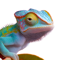 Colorful closeup of a chameleon with its eyes wide open on a transparent background png