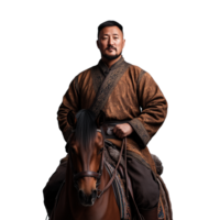 A man in traditional Mongolian clothing riding a horse on a transparent background png
