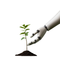 A robotic hand planting a small tree in soil on a transparent background png