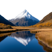 A snowcovered mountain peak reflected in a calm lake on a transparent background png