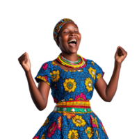 Joyful woman in traditional African clothing laughing with fists raised, isolated on transparent background png