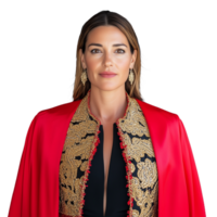 Woman in traditional red and black embroidered dress with gold details, standing on transparent background png