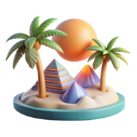 3D Rendered Tropical Island Scene With Pyramids and Palm Trees at Sunset png