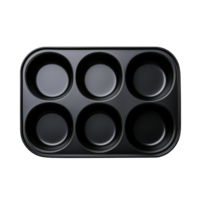 Black rectangular muffin tray with eight circular empty slots on a transparent background png