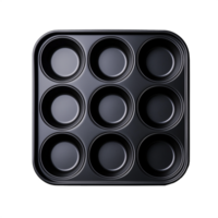 Black muffin tray with nine circular empty slots on a transparent background png
