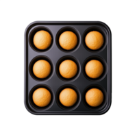Black muffin tray filled with round golden baked muffins on a transparent background png