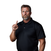 Man in a black polo shirt pointing upward with a serious expression on a transparent background png