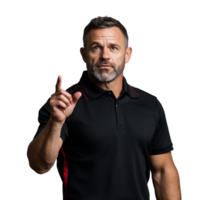 Man in a black polo shirt pointing upward with a serious expression on a transparent background png