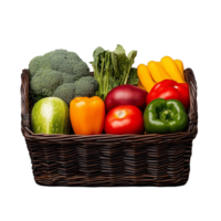 Wicker basket filled with fresh vegetables including bell peppers, broccoli, and zucchini on a transparent background png