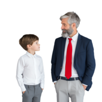 Elderly man and young boy dressed formally, standing and smiling at each other on a transparent background png