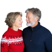 Elderly couple smiling at each other, wearing winter sweaters on a transparent background png