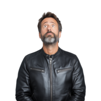 Bearded man in a black leather jacket looking upward with a thoughtful expression on a transparent background png