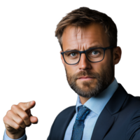 Man in a suit pointing forward with a determined expression on a transparent background png