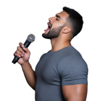 Man singing passionately into a microphone on a transparent background png