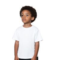 Little boy looking up thoughtfully while wearing a white tshirt on a transparent background png