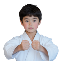 Young boy in a karate uniform showing his fists confidently on a transparent background png