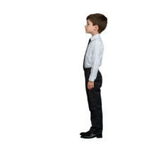 Side view of a young boy in a formal shirt and bowtie standing confidently on a transparent background png