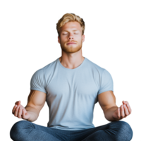 Young man sitting in a meditative pose with hands in mudra gesture on a transparent background png