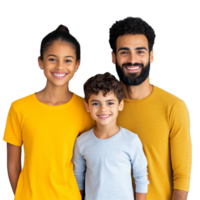 Smiling father with two sons in yellow and blue shirts on a transparent background png