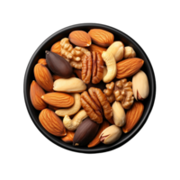 A bowl filled with assorted nuts including almonds and walnuts on a transparent background png