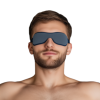Man wearing a blue sleep mask on a transparent background png