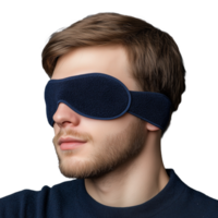 Man with a navy blue sleep mask covering his eyes on a transparent background png