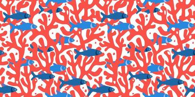 Seamless pattern with seabed. Print with fishes on a background of rich corals. vector