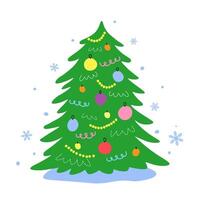 Festive decorated New Year's tree with toys on a background of snowflakes. vector