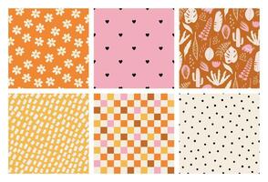 Set of cute abstract seamless patterns. Tropical, spotted, floral, checkered, heart backgrounds. Colorful prints for textile, paper, baby nursery design. Hand drawn illustrations. vector