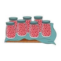 Sterilized jars of preserves cool down on covered work surface. Canning process, food preservation concept. Hand drawn doodle style illustration. vector