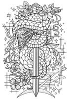 Hand drawn line art illustration with sword and snake - symbol of the year according to eastern horoscope. Graphic artwork for coloring page. Esoteric, gothic and mystic concept vector