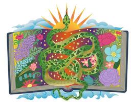Hand drawn colorful illustration with open book, flowers and snake - symbol of the year according to eastern horoscope. Esoteric, gothic and mystic graphic artwork vector