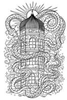 Hand drawn line art illustration with old tower and snake - symbol of the year according to eastern horoscope. Graphic artwork for coloring page. Esoteric, gothic and mystic concept vector