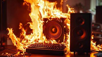 A computer keyboard and speakers on fire on a desk video