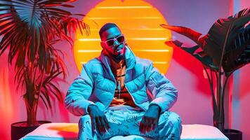 A man sitting on a white couch in front of a colorful wall video