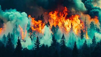 A large fire in the middle of a forest with smoke coming out of it video