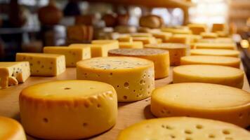 A wooden table topped with lots of different types of cheese video