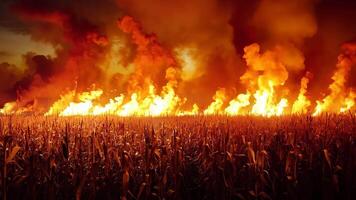 A field of corn on fire in the middle of a field video