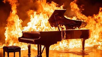 A piano on fire with a stool in front of it video