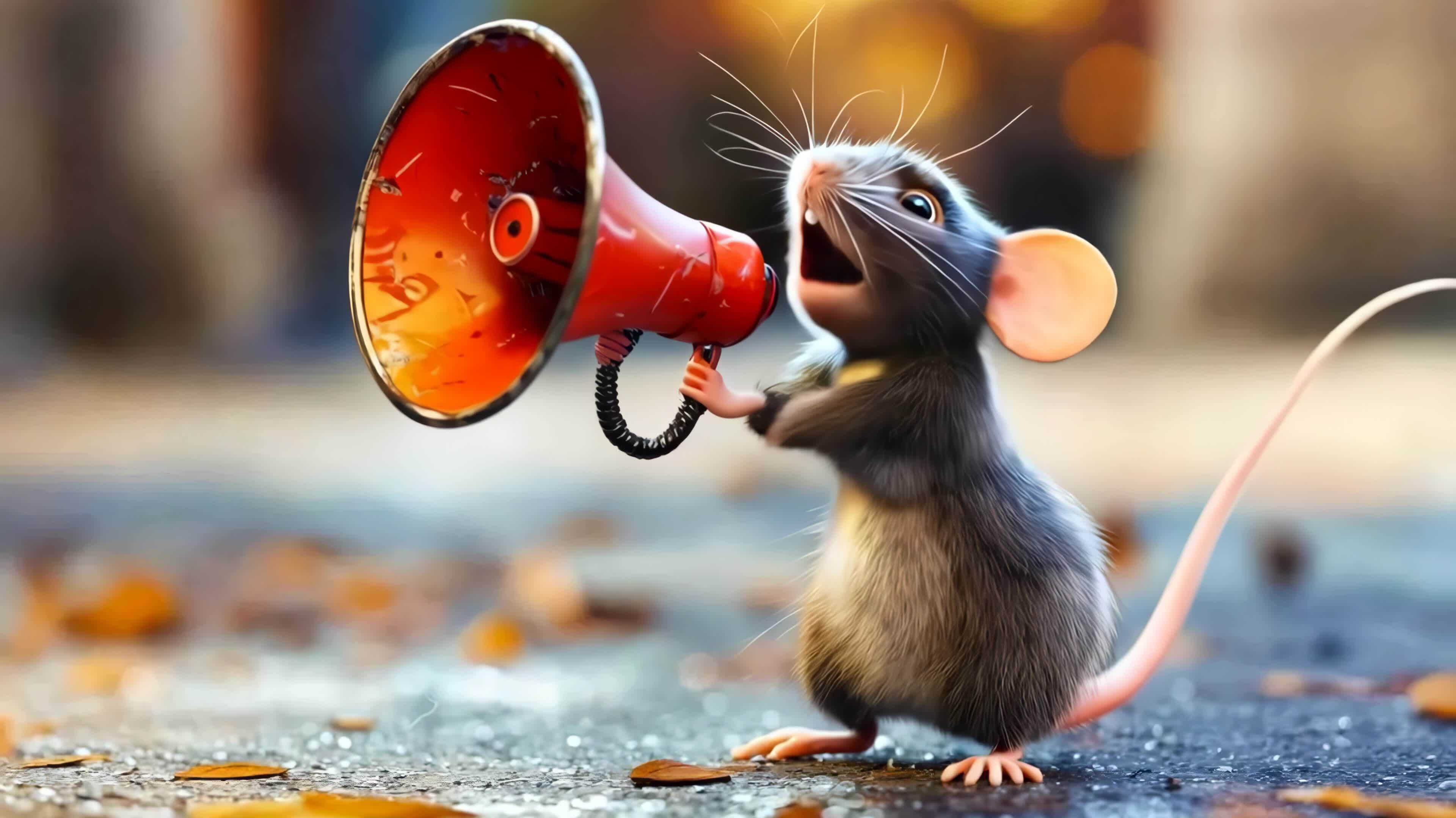 A mouse with a megaphone in its mouth standing on the ground 50762584