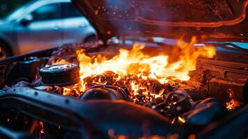 A car on fire with the hood open and the engine on fire video