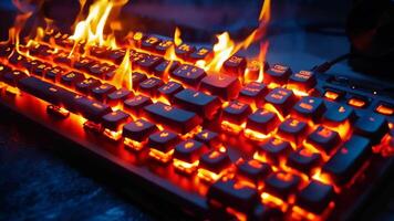A close up of a keyboard with flames coming out of it video