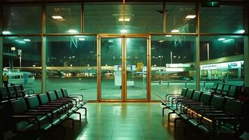 A row of empty chairs in an airport waiting area at night video