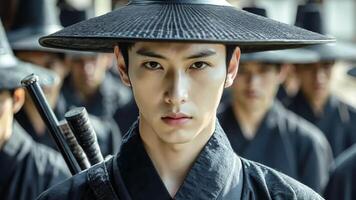 A man in a black hat with a sword in front of a group of men video