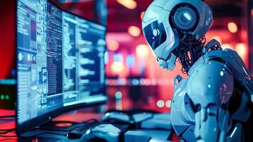 A robot sitting in front of a computer monitor video