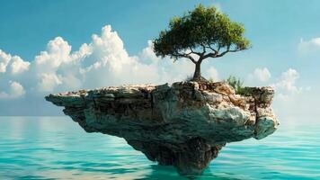 A lone tree on a rock in the middle of the ocean video