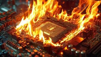 uma computador placa mãe em fogo com uma CPU em topo do isto video