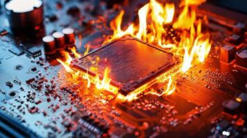 uma computador placa mãe em fogo com uma CPU em topo do isto video