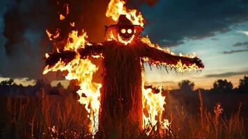 A scarecrow in the middle of a field of tall grass with a fire in the background video