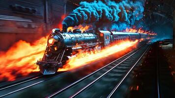 A train with flames coming out of it's engine on a train track video